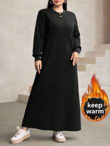 Modelyn 女士休闲宽松纹理面料圆领长连衣裙，藏蓝色，秋冬款 - 黑色 - 查看 1