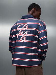PLAYBOY X SUMWON Men's Horizontal Striped Long Sleeve Polo Shirt Boxy Fit Classic Casual Rugby Style Collared Top - Multicolor - View 5