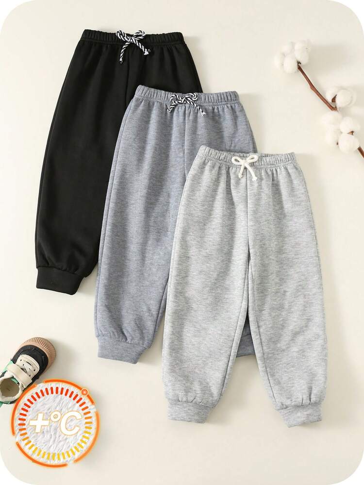 SHEIN 3件套男童纯色保暖加厚运动裤套装，舒适休闲基础款慢跑裤，适合室内、室外、日常、运动、派对、节日、街头穿搭、返校、圣诞节、新年、春夏秋冬儿童保暖运动裤 - 彩色 - 查看 4