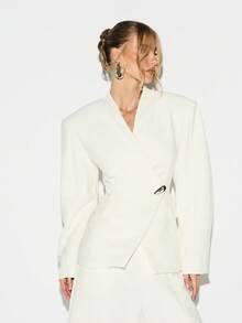 KIZN Shoulder Pad Balloon Sleeve Blazer With Metal Buckle Detail V-Neck Wrap Style Professional Office Jacket - White - View 3