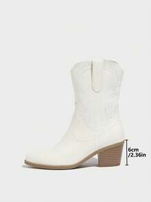 Daringsoles 女士白色PU皮革西部牛仔中筒靴，侧拉链，刺绣，美式风格踝靴，百搭尖头粗跟踝靴，圣诞节必备 - 白色 - 查看 4