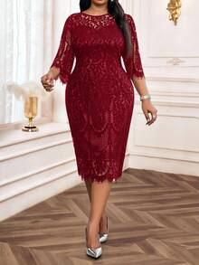 SHEIN Lady 大码春夏秋冬优雅派对黑色蕾丝连衣裙小黑裙 - 酒紅色 - 查看 5