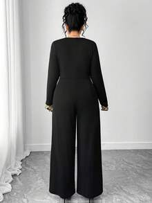 Elenzga 大码女式优雅长袖金色蕾丝拼接收腰直筒连体裤，适合日常通勤、派对、夜店穿着 - 黑色 - 查看 2