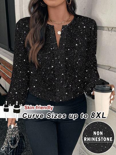 SHEIN CURVE+ Plus Size Women Casual Long Sleeve Loose Printed Shirt, Autumn Blouse