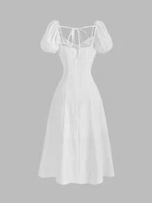 SHEIN MOD Ladies' Solid Color Twisted Puff Sleeve Dress, Wedding Guest Dress, Graduation Dress - White - View 2