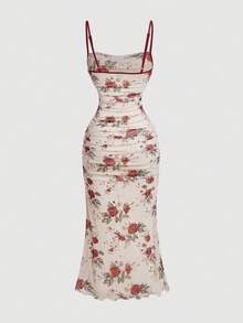 SHEIN MOD Đầm xếp ly eo in hoa cổ điển cho nữ, dây đeo vai nhiều màu - Màu Đỏ Sâu - Xem 2