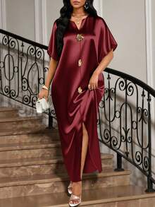 SHEIN Lady 四季皆宜的节日礼服/婚礼宾客/礼服/舞会礼服/金色/晚宴礼服/金色女士缎面提花前开衩连衣裙，休闲派对优雅 - 酒紅色 - 查看 4