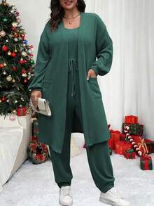 Vionelle 大码女式纯色落肩长袖夹克和腰带无袖连体裤休闲两件套，秋季 - 墨綠色 - 查看 8