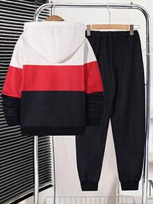 Vacaura Conjunto deportivo de 2 piezas para niños preadolescentes, con chaqueta con capucha informal con cremallera y estampado digital de letras, pantalones con cordón de color contrastante, adecuado para primavera, otoño e invierno - Multicolor - Ver 2