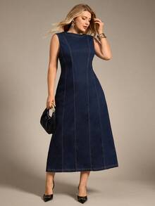 Auralis 大码女式休闲无袖牛仔束腰中长连衣裙，夏季