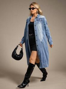Plus 1pc Flap Pocket Ripped Denim Coat, Fall Women Clothes - Light Wash - View 4