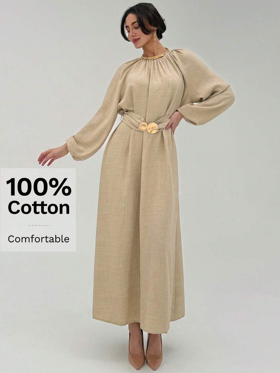 Aloruh Minimalist Apricot Textured Office Dress With Gathered Waist And Extra Long A-Line Hem, Commuter Friendly - Apricot - View 1