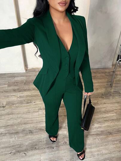 SHEIN SXY Plus Size Women 3-Piece Set: Long Sleeve Blazer, Camisole, And Pants, Sexy Outfit For Commute And Date, Deep Blue Autumn Winter Clothes For Women