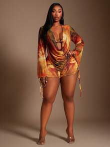Radiana Plus Size Women's Rust Orange Marble Tie-Dye Mesh 3Pcs Set,Summer,Elegant,Vacation,Wedding Ninang,Holiday Beach Bikini Cover Up Shorts Outfit Fall - Multicolor - View 5