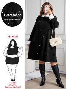 SHEIN CURVE+ LUNE 大码春秋休闲拼色串珠装饰连衣裙冬装，有袖连衣裙，黑色长袖连衣裙，感恩节连衣裙 - 黑色 - 查看 1