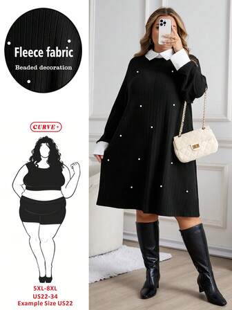 SHEIN CURVE+ LUNE 大码春秋休闲拼色串珠装饰连衣裙冬装，有袖连衣裙，黑色长袖连衣裙，感恩节连衣裙