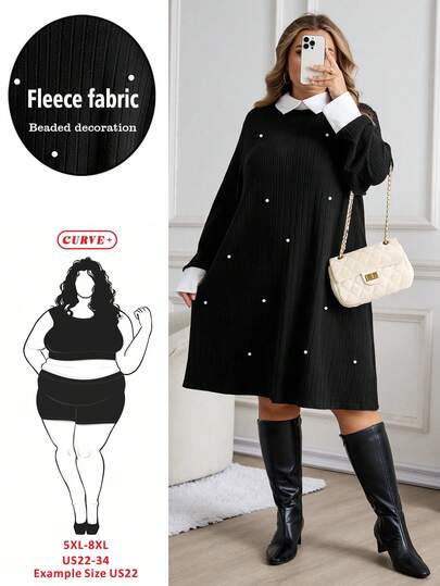 SHEIN CURVE+ LUNE 大码春秋休闲拼色串珠装饰连衣裙冬装，有袖连衣裙，黑色长袖连衣裙，感恩节连衣裙