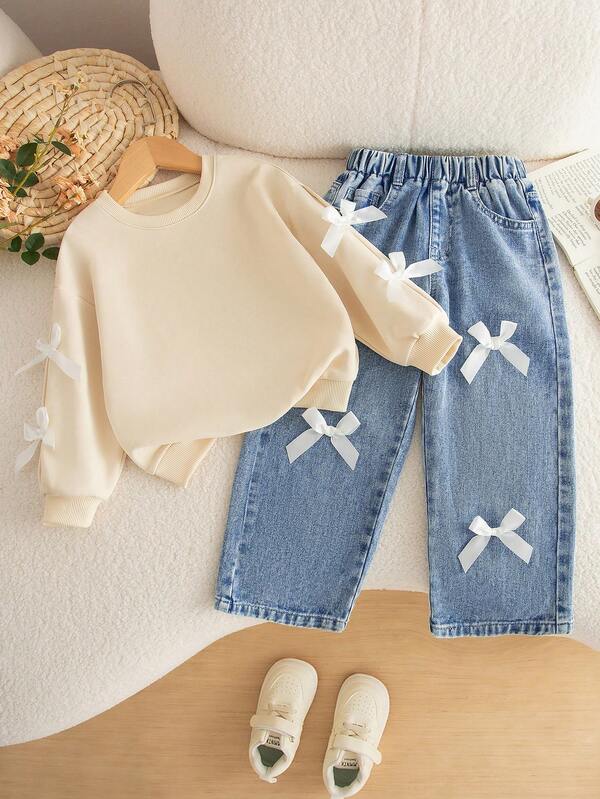 SHEIN Spodnie dziewczęce z szerokimi nogawkami, w kolorze jasnego denimu, z elastyczną talią i sztucznym łańcuszkiem, swobodne i eleganckie na wiosnę/jesień, odpowiednie do szkoły, na podróż, koncerty, imprezy i nie tylko