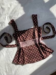 Comfortcana 2025秋冬新款时尚女装夏季撞色蕾丝波点印花宽肩带上衣，适合夏季、圣诞节、新年等各种场合，也可作为派对、沙滩、休闲度假波点上衣穿着。 - 棕色 - 查看 5