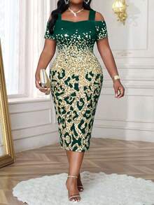 SHEIN Lady Đầm bodycon tay ngắn hở vai cỡ lớn thanh lịch cho nữ, trang phục đi biển, đầm trang trọng cho nữ - Màu xanh lá cây đậm - Xem 1