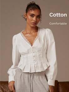 Athîral Women's Solid Color Lace Patchwork Collar Long Sleeve Blouse - White - View 1