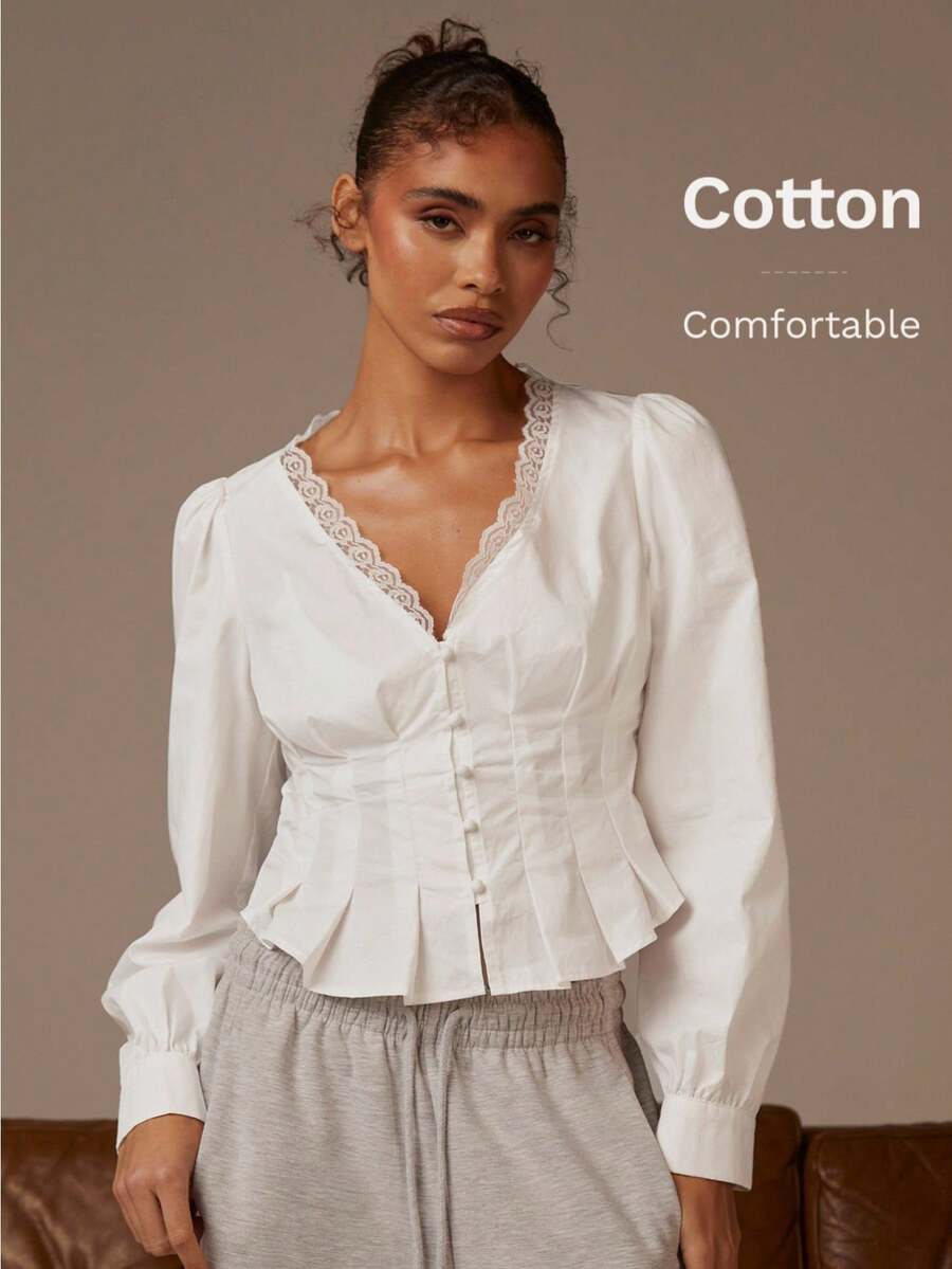 Athîral Women's Solid Color Lace Patchwork Collar Long Sleeve Blouse - White - View 1