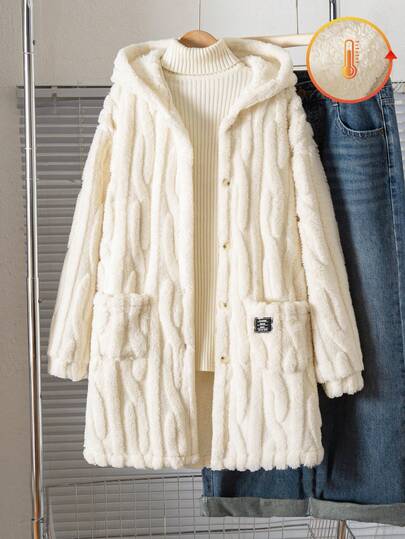 Sparklyn 1pc Casual Hooded Thickened Fleece Jacket For Teen Girl Loose Fit, Classic White Color, Full Zip Front With Buttons, Comfortable Long Outerwear, Textured Knit Design With Black English Text Accent, Suitable For School, Commute, Vacation, Travel, Back To School, Music Festivals, Autumn/Winter Fall