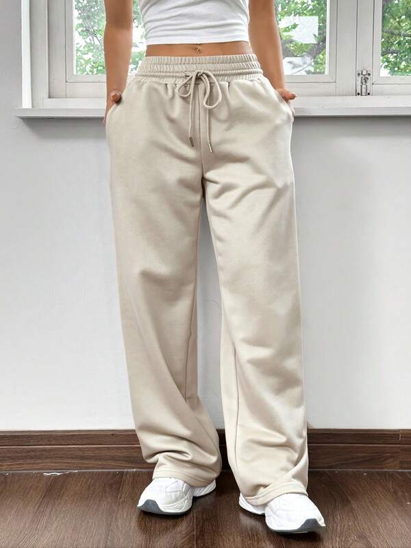 SHEIN EZwear 女士针织休闲宽松直筒运动裤，杏色