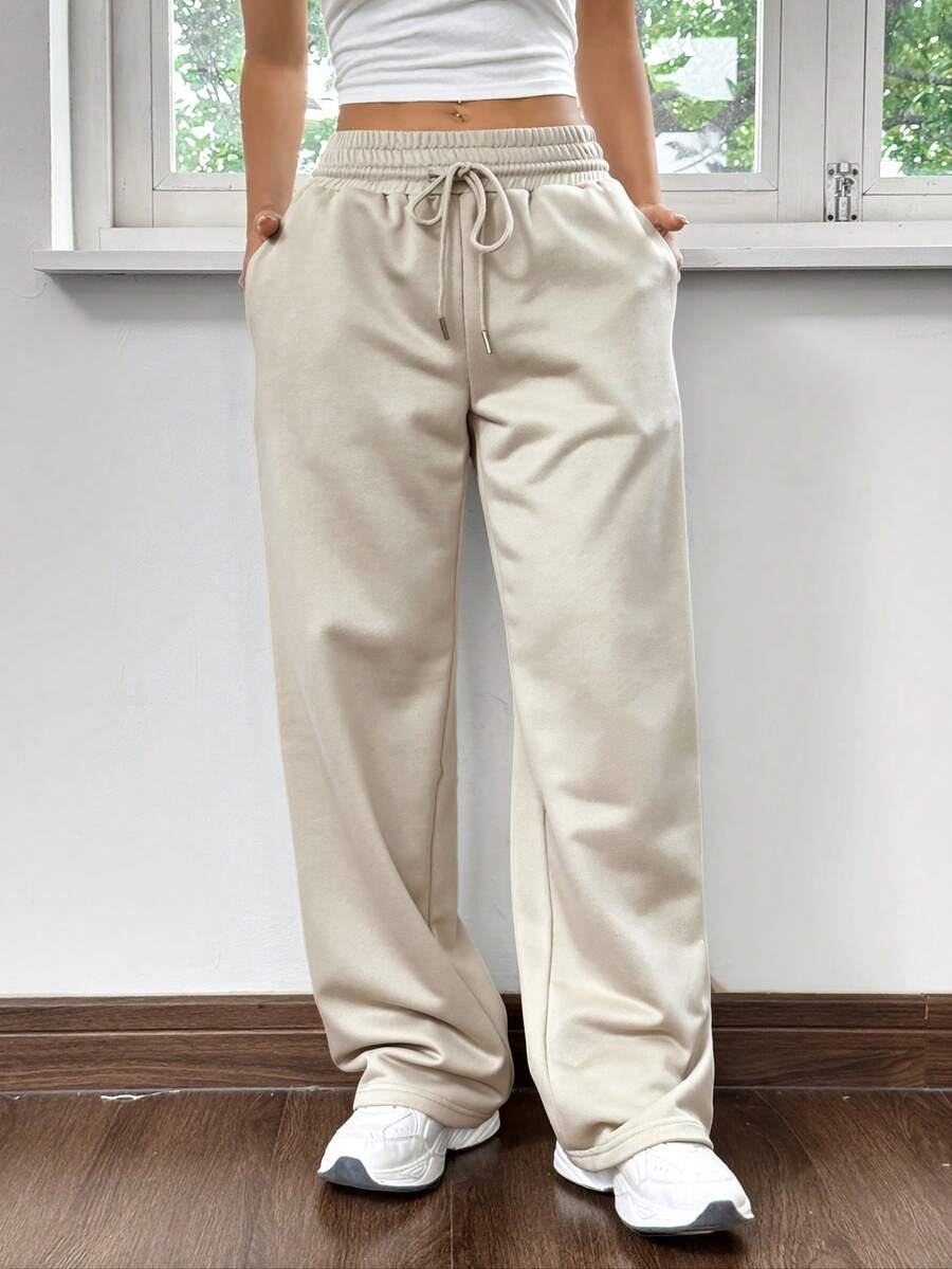 SHEIN EZwear 女士针织休闲宽松直筒运动裤，杏色 - 杏色 - 查看 1