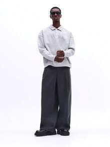 SUMWON 宽腿修身褶裥长裤，侧边口袋，裤脚收口，适合商务休闲和专业办公场合穿着。 - 深灰色 - 查看 3