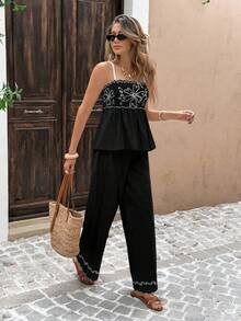 Serisse 女士花卉刺绣弧形下摆吊带背心和裤子两件套，度假风 - 黑與白 - 查看 4