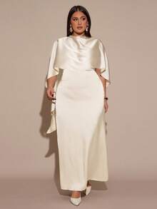 SHEIN BAE Váy satin thắt eo thanh lịch màu mơ cỡ lớn dành cho nữ - Màu be - Xem 5