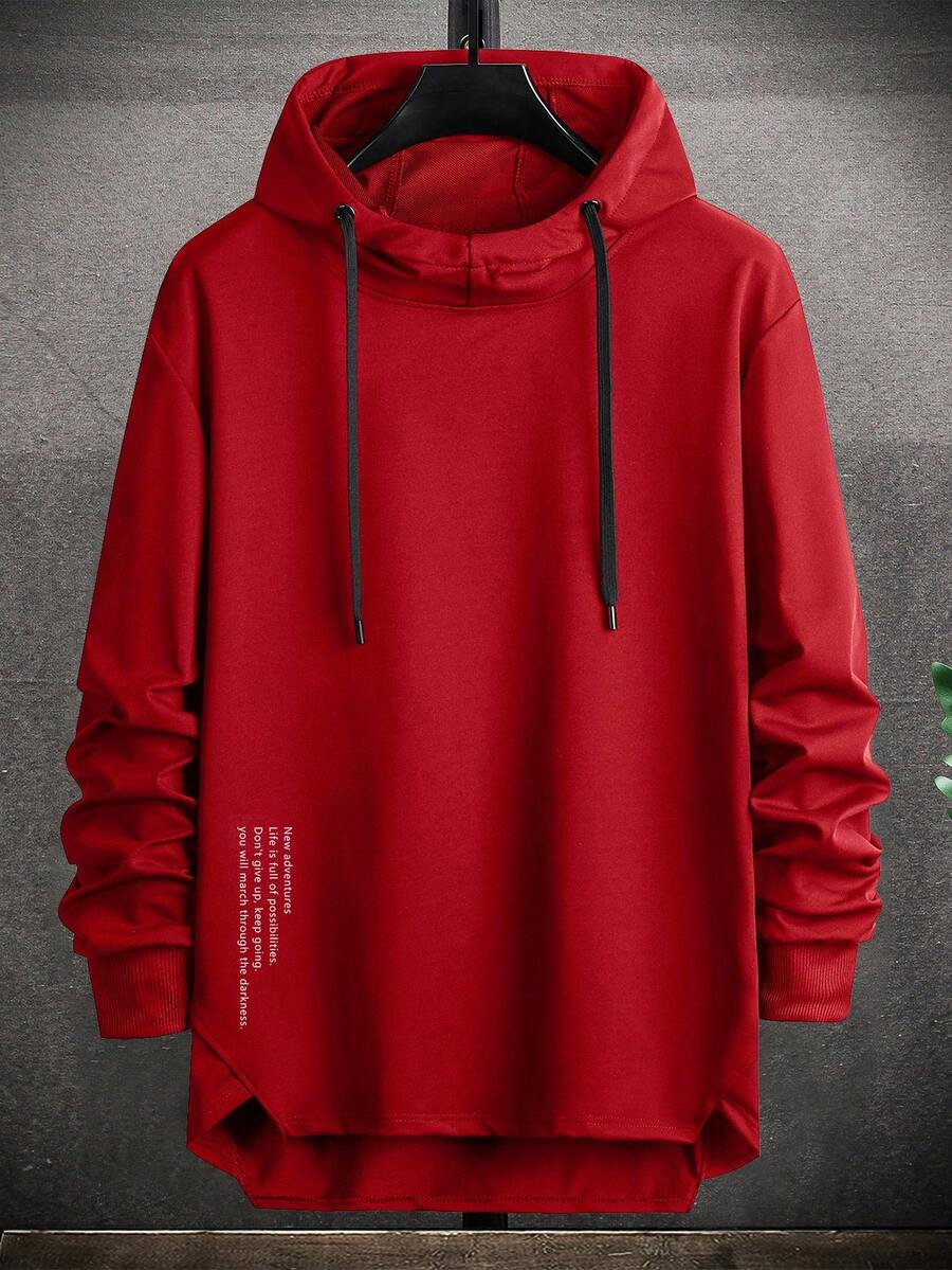 Manfinity Homme Men's Letter Print Asymmetrical Hem Drawstring Hoodie - Red - View 1