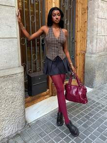 Modviera Damen Herbst/Winter gestreifte Taille Falten A-Linie Slim Fit Mini Rock - Verschiedenfarbig - Übersicht 7