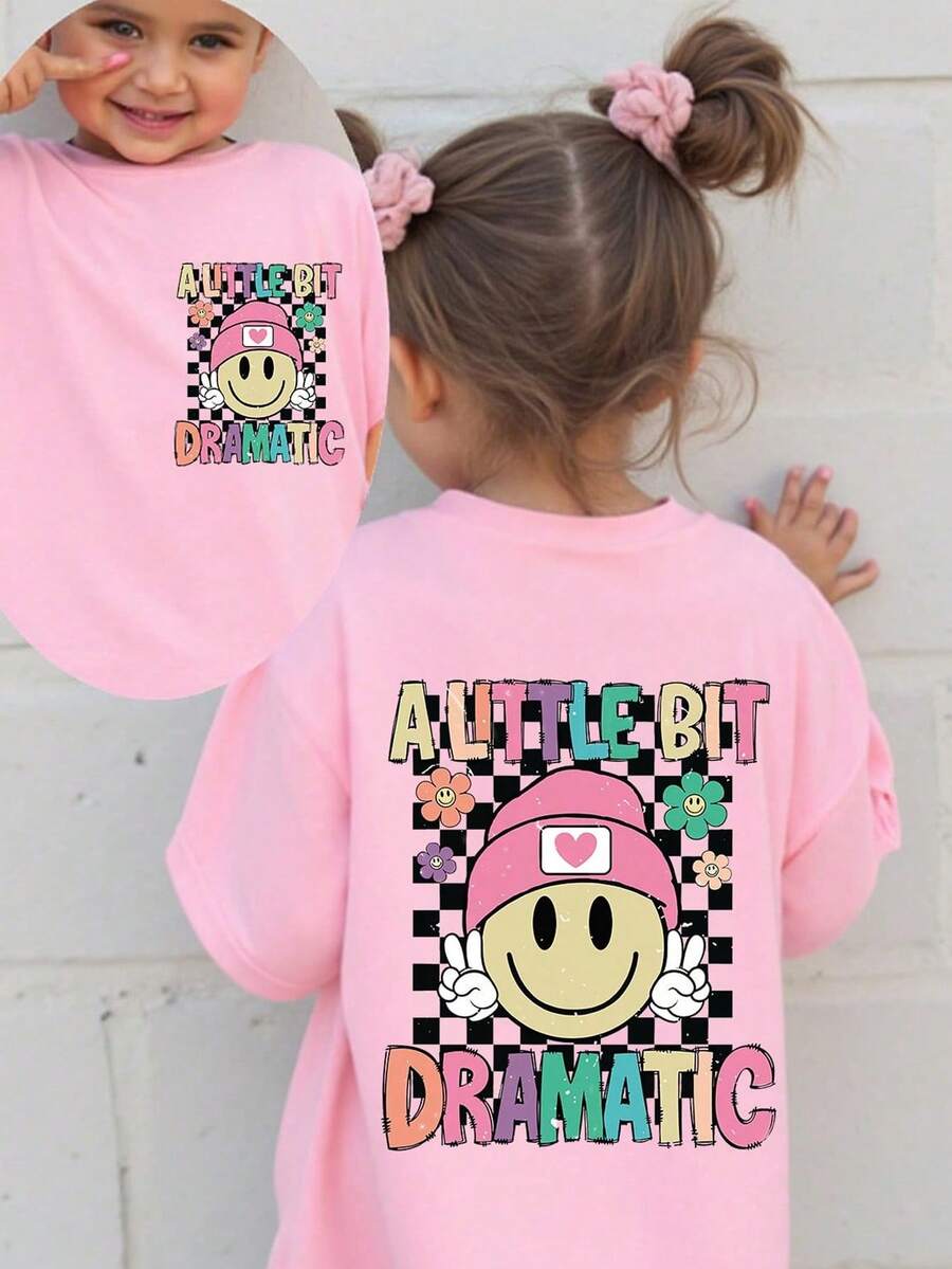 SHEIN Young Girl' Casual Cute Checkered, Face And Letter Print Round Neck Short Sleeve T-Shirt, Summer - Pink - View 1