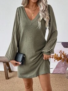 SHEIN Tall Casual Solid Color Lantern Sleeve Dress, Autumn, Tall Women - Army Green - View 5