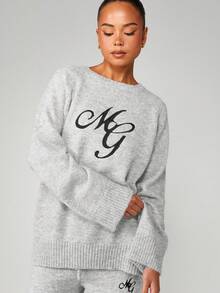 MISSGUIDED Oversized Knit Sweater With Embroidered Logo Cozy Pullover Jumper Fall Winter Casual Loungewear - Light Grey - View 5