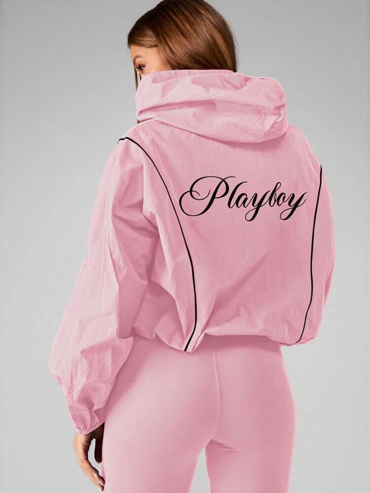 Missguided x Playboy Oversized Windbreaker Jacket With Hood And