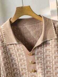 女士V领长袖毛衣，百搭设计，金属纽扣点缀，人字纹图案，棕色，休闲日常穿着 - 棕色 - 查看 5