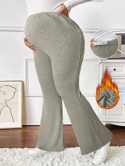 SHEIN Plus Size Pregnant Women Solid Color Elastic Waist Ribbed Casual Slim Flare Pants Maternity Pants Maternity Wear Ribbed Pants Pregnancy Pants