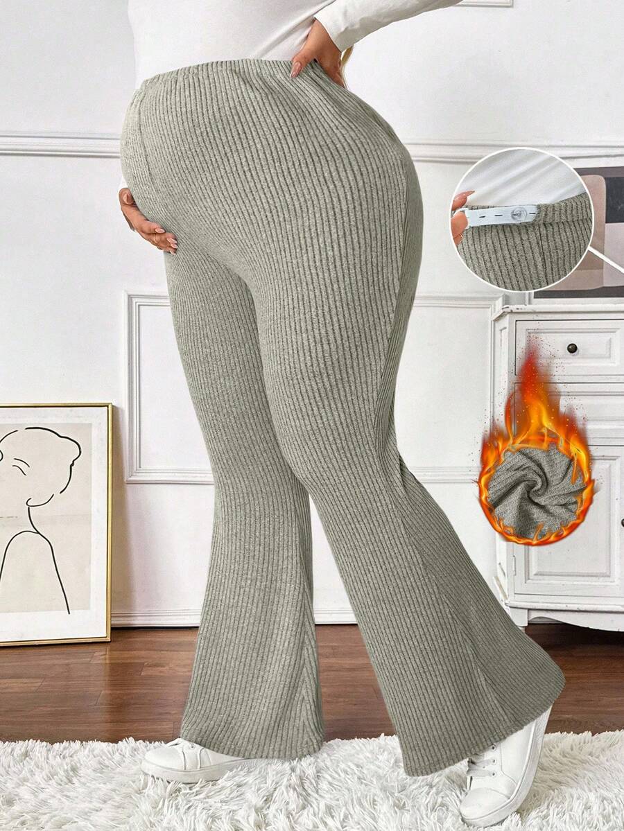 SHEIN Quần ống loe lưng thun co giãn màu trơn cỡ lớn cho phụ nữ mang thai - Màu be - Xem 1