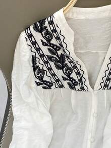 Franclia Women's French Holiday Style Embroidery Black And White Contrast Notched-Neck Gathered Long Lantern Sleeve Summer And Autumn Shirt Going Out Tops Women Fall Cute Shirts Blouses For Women Casual Spring For University - White - View 4