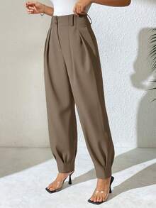 Xyvia 女士优雅高腰双纽扣装饰褶皱直筒裤，春秋季休闲西装裤