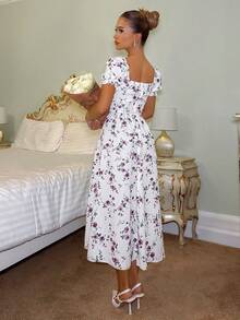 Glamine 碎花拼接荷叶边领泡泡袖系带连衣裙，优雅法式度假风 - 紫色 - 查看 3