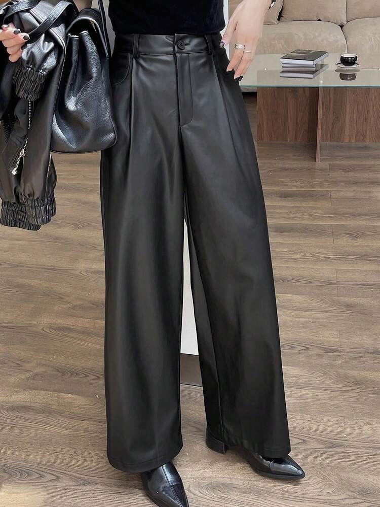 Women's Tall/Long Length PU Leather Pants, Straight Leg, Pleated, Loose, Casual City Pants