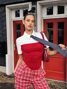 Chiquease Áo thun dệt kim tay ngắn cổ bẻ màu đỏ và trắng thanh lịch, gợi cảm, tương phản dành cho nữ, mùa xuân/thu - Đỏ và trắng - Xem 8