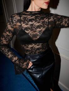 Lavishia Women's Lace Sexy Sheer Fitted Flare Sleeve Top - Black - View 7