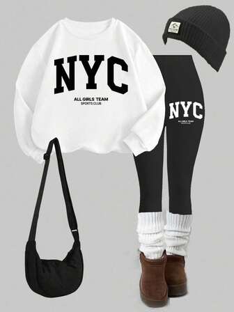 Slaydiva White Sweatshirt+Black Leggings/Going Out Set For Women/Setup Autumn Winter Women/Women's Fall/Winter/Casual Streetwear Crew Neck Sweatshirt And Leggings Set/Back To School/Y2K/Outfits/Streetwear/"Nyc" All Girls Team Sports Club Graphic,Fall,Fall Clothes For Women,Fall,Fall Clothes For Women,Women's Winter Clothes