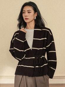 Dazy-Less 休闲撞色条纹裹身开衫，秋冬商务休闲女装 - 棕色 - 查看 5