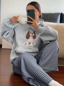 DAZY 女士狗狗印花抓绒卫衣上衣和格子睡裤套装，冬季 - 灰色 - 查看 4